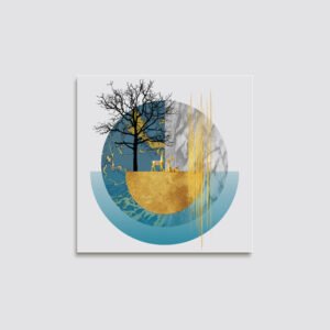 Modern Geometric Wall Art – Abstract Canvas with Golden Deer, Tree and Blue Circle Design